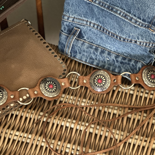 Ceinture en cuir naturel/rouge WESTERN