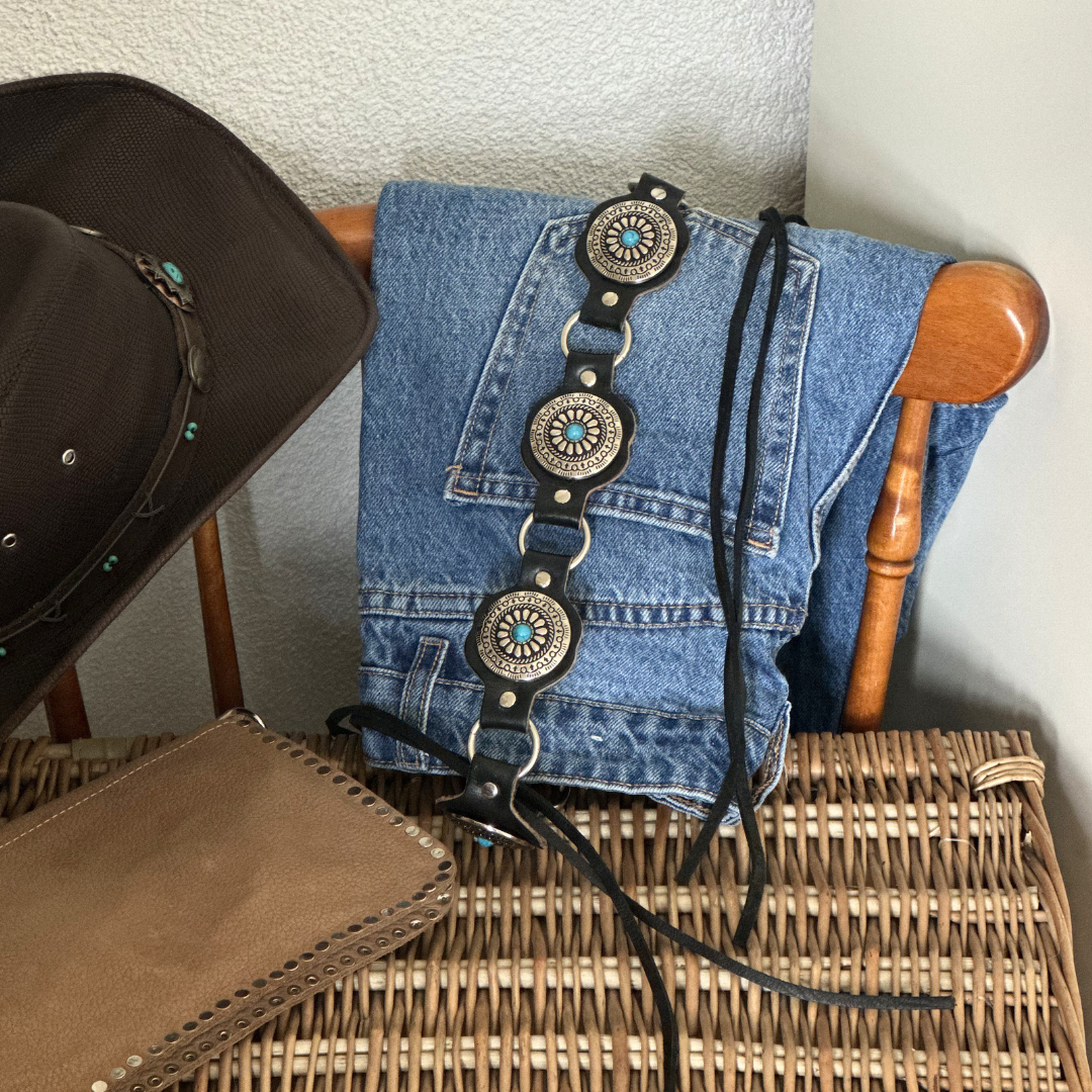 Ceinture en cuir noir/bleu WESTERN