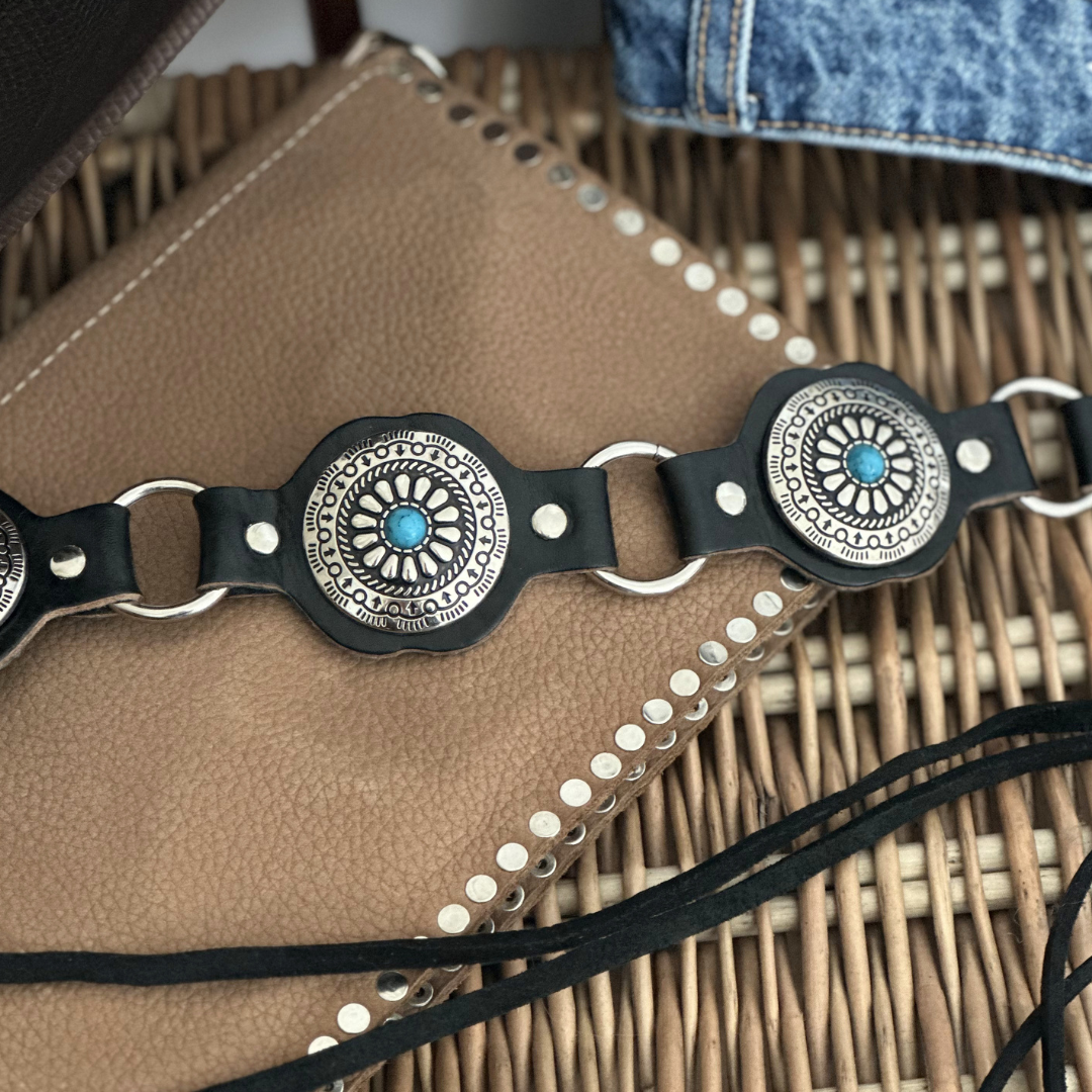 Ceinture en cuir noir/bleu WESTERN