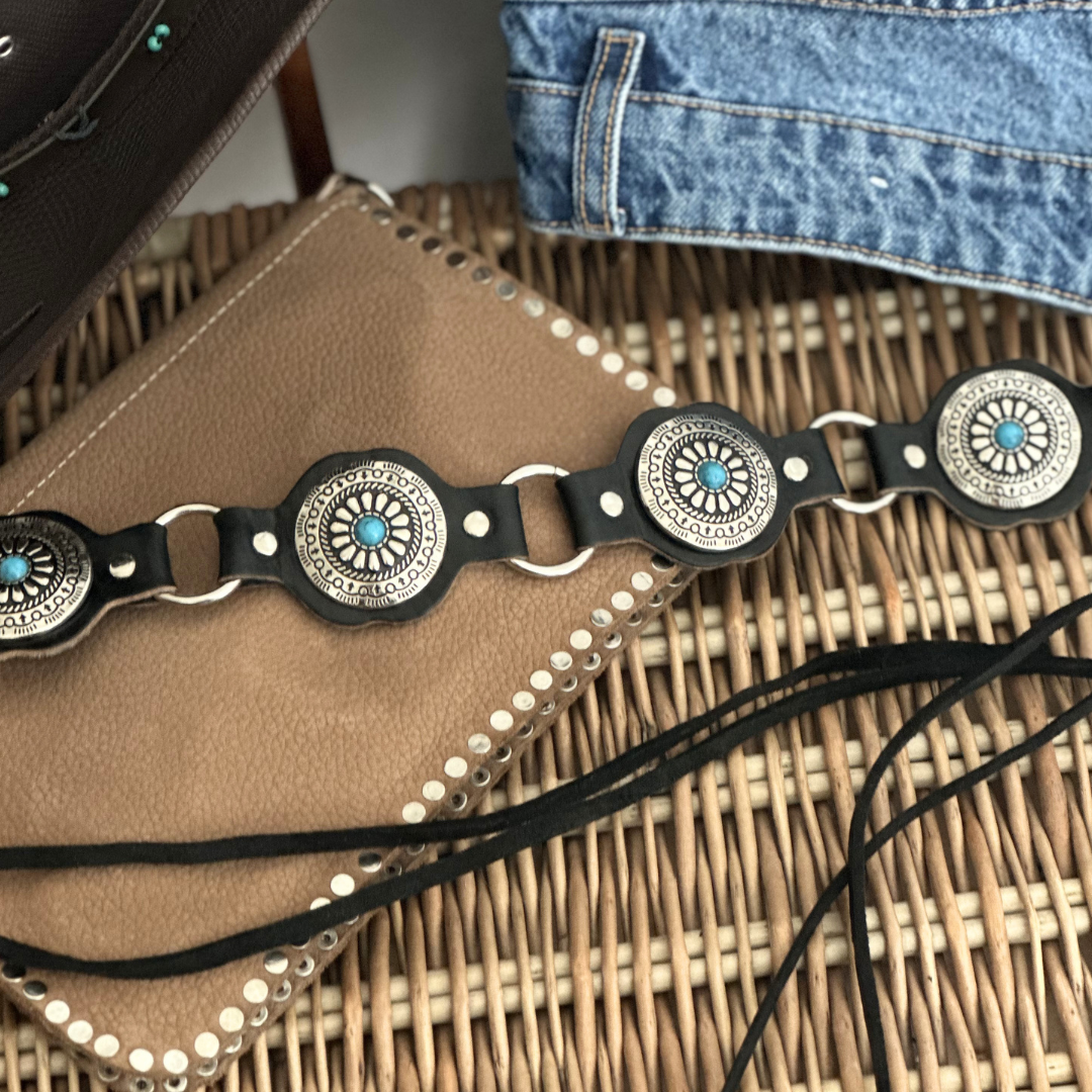 Ceinture en cuir noir/bleu WESTERN