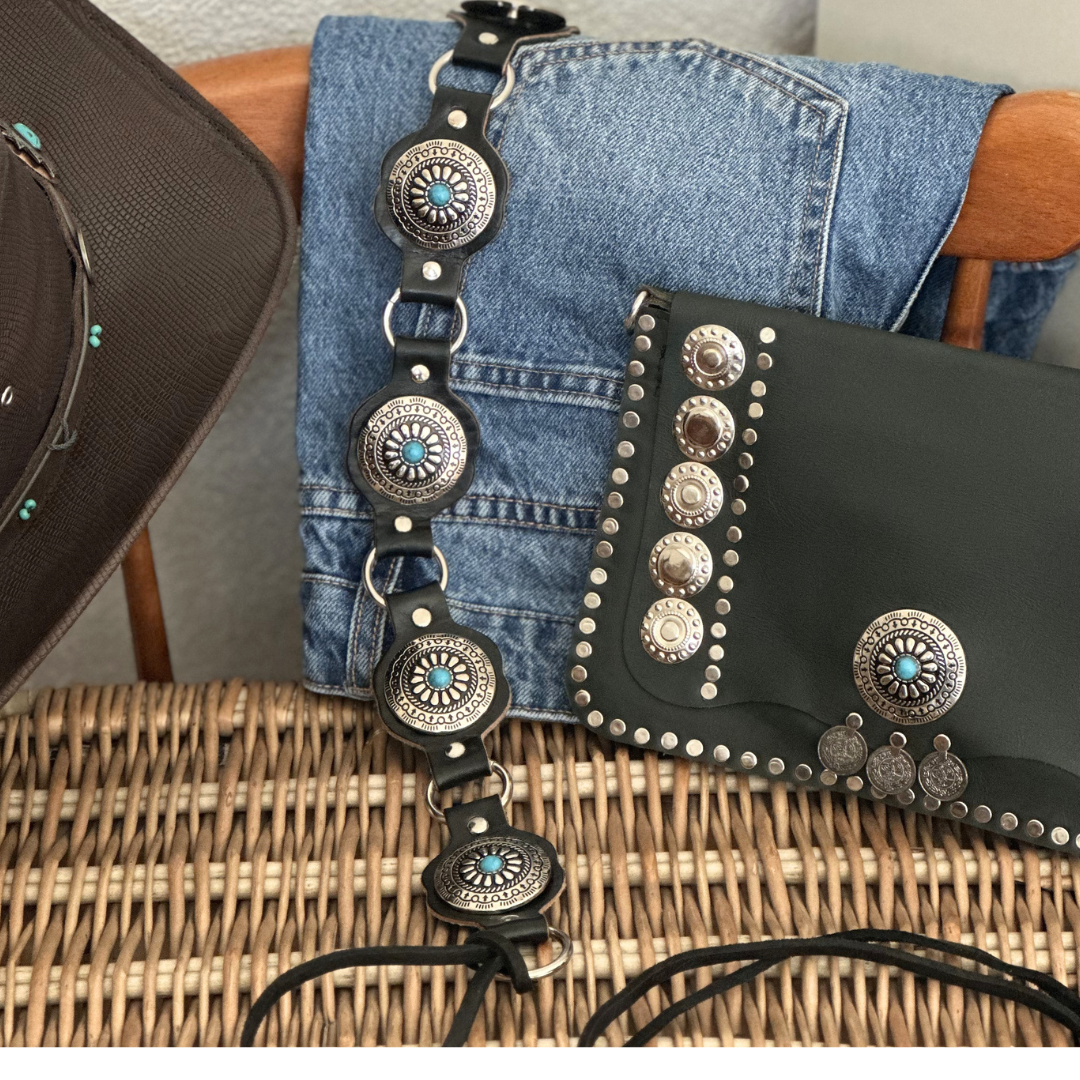 Ceinture en cuir noir/bleu WESTERN