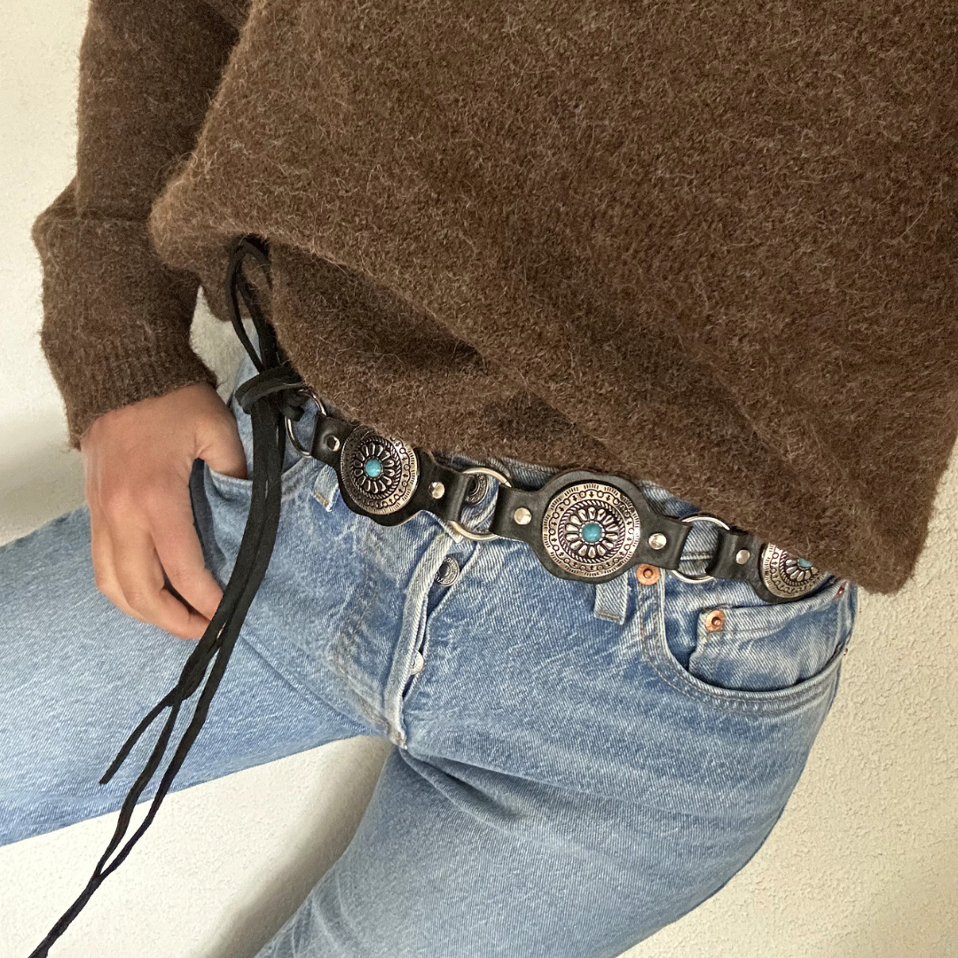 Ceinture en cuir noir/bleu WESTERN