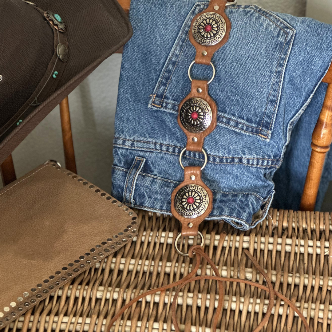 Ceinture en cuir naturel/rouge WESTERN