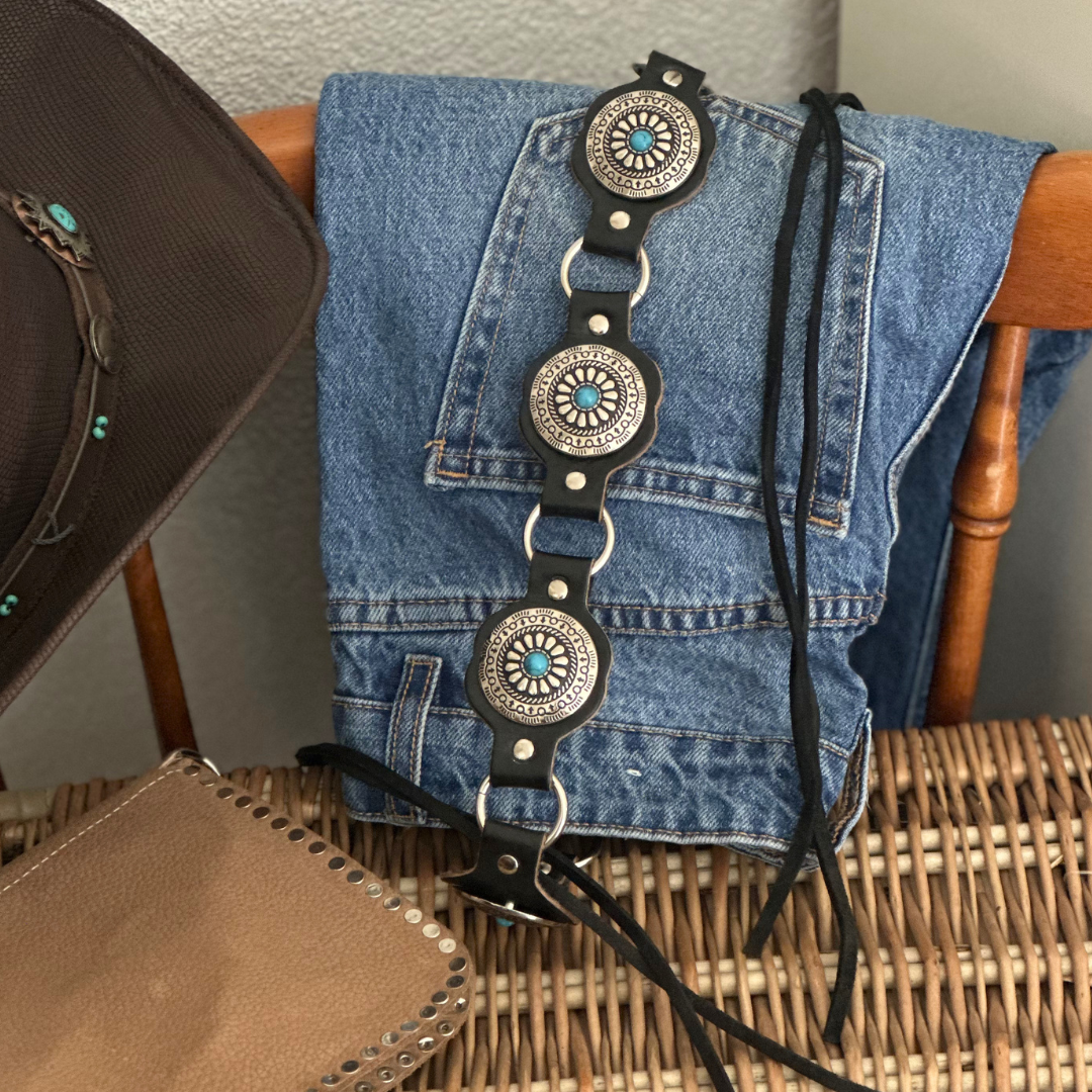 Ceinture en cuir noir/bleu WESTERN