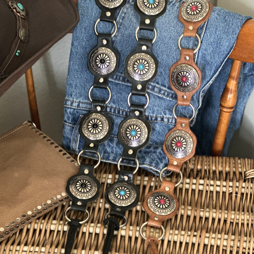 Ceinture en cuir noir/bleu WESTERN