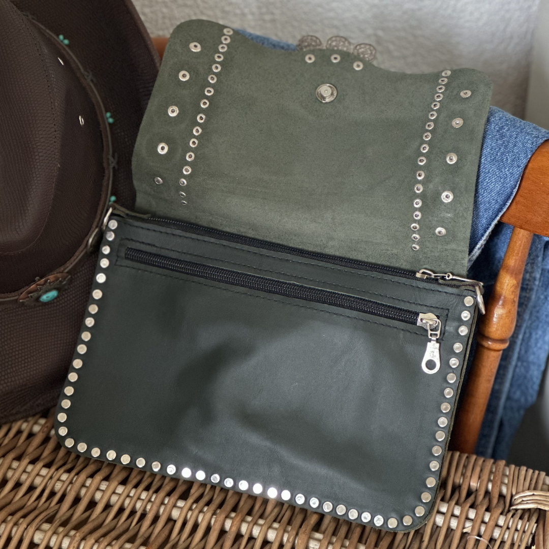 Pochette en cuir vert WESTERN