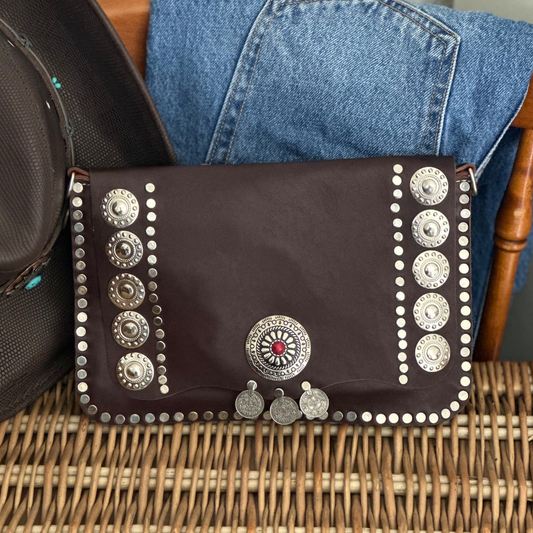 Pochette en cuir brun WESTERN